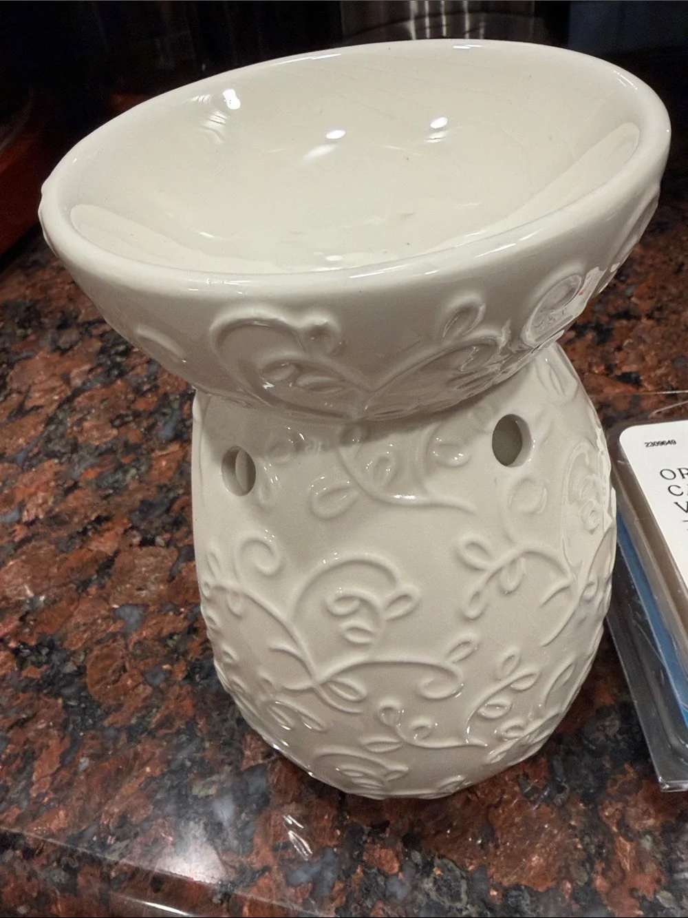 Hallmark Ceramic Oil Warmer in Cream floral relief Orange Caramel & Vanilla